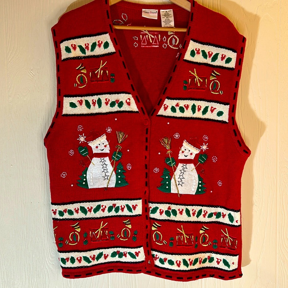 Bobbie Brooks Ugly Christmas Sweater Vest Snowmen, Instruments, Holly XL